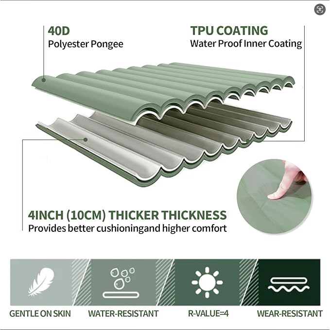 Camping Sleeping Pad - Camping Mattress 4 Thick Ultra-Light Pillow Built in Foot Pump Thickened and Silent Anti-air Leakage Hiking Camping Family Trips Green