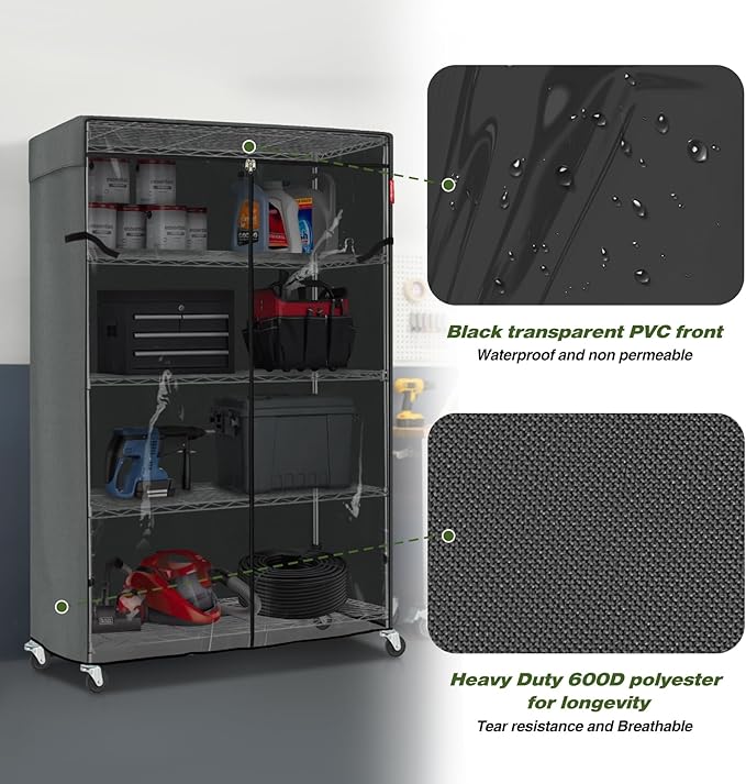 Porch Shield Storage Shelf Cover Fits 48 x 24 x 72 Wire Rack - Dustproof Shelving Unit Cover with Front Transparent(Grey)