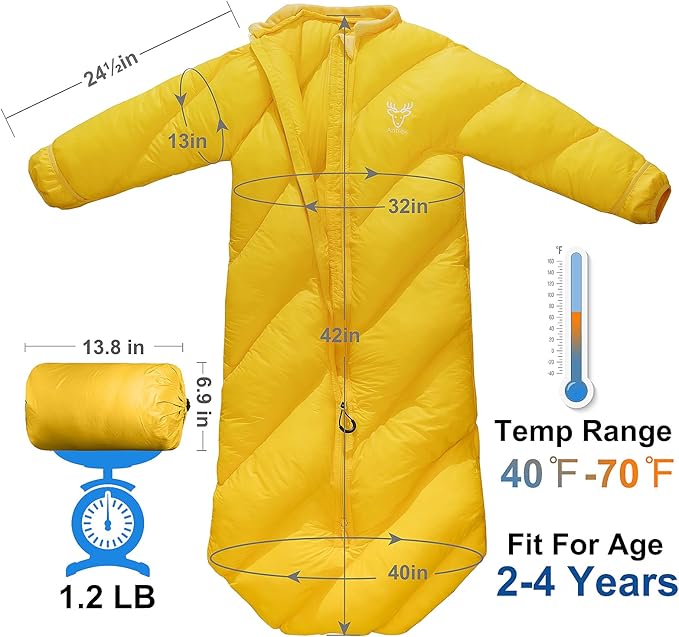 T40 Toddler Sleeping Bags Boys Girls |Ages 2-4| Puffy Kids Sleeping Bag Camping Sleepovers |up to 46 in| Lightweight Compact Comfort for Indoor Outdoor | Machine Washable (Yellow)