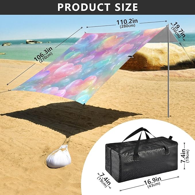 Bolaz Beach Canopy Tent Sun Shade9'×10.5' Large Family Beach Shade UPF50+- Outdoor Shade for Camping Trips FishingLove Flash Colorful Pattern