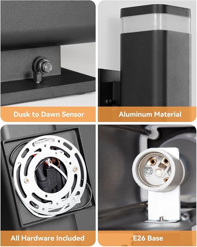 SHIMR Dusk to Dawn Outdoor Wall Light with Sensor 2 Pack Waterproof Up and Down Outdoor Sconce Lights Modern Black Aluminum Exterior Lighting Fixtures for Porch Patio Garage LED Bulbs Included