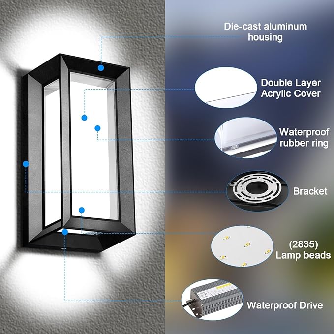 ledmo Modern Outdoor Wall Light with Aluminum Frame 1800LM Wall Sconce with Acrylic Shade 18W Porch Light Fixture IP65 Waterproof Exterior Light for Garage Patio Garden Entryway 2 Pack
