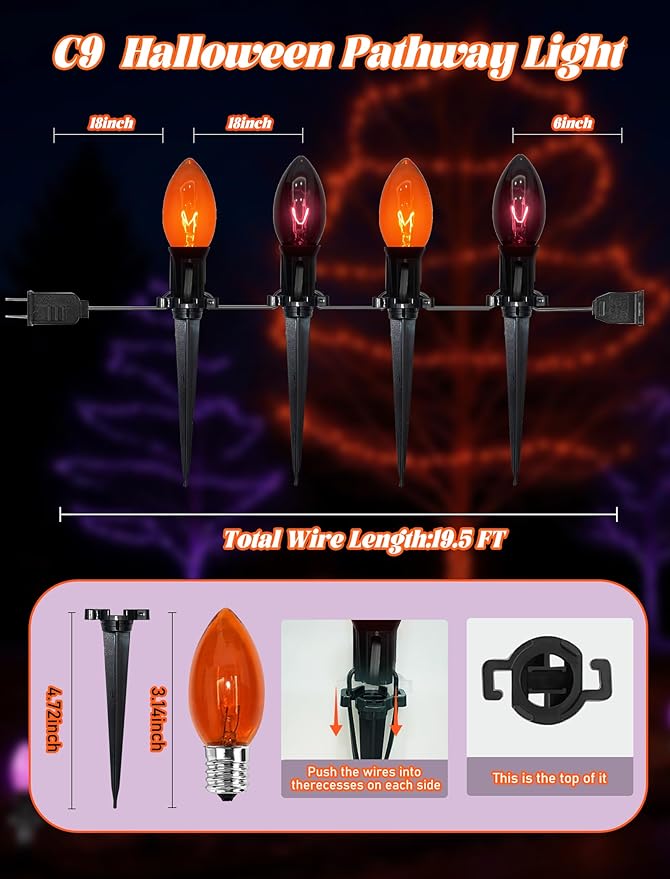 Halloween Pathway Lights Outdoor10 Pack Halloween Party Decor Stake Lights with C9 Clear Black&ampOrange Bulbs19.5Ft Extendable Waterproof Walkway Lights for Yard Porch Lawn Garden