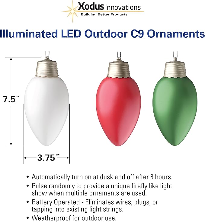 Xodus Innovations WP960-3 Battery Powered Hanging Decorative Outdoor Pulsing 8 inch C9 Bulb Style Light with Sensor Turns-On at Dark Pack of 3 Green
