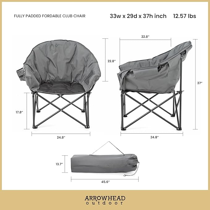 ARROWHEAD OUTDOOR Oversized Heavy-Duty Club Folding Camping Chair with Pocket Cup Holder Portable Padded Moon Round Saucer Supports 330lbs Carrying Bag