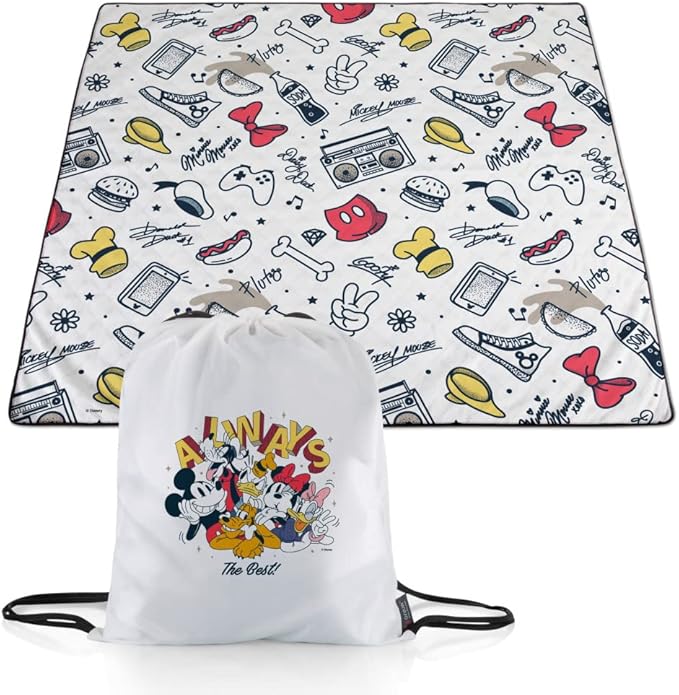 Picnic TIME Disney Mickey and Friends Impresa Picnic Blanket Lightweight Folding Beach Blanket with Carry Backpack Machine Washable Water Resistant Fleece Picnic Mat (Black and White)