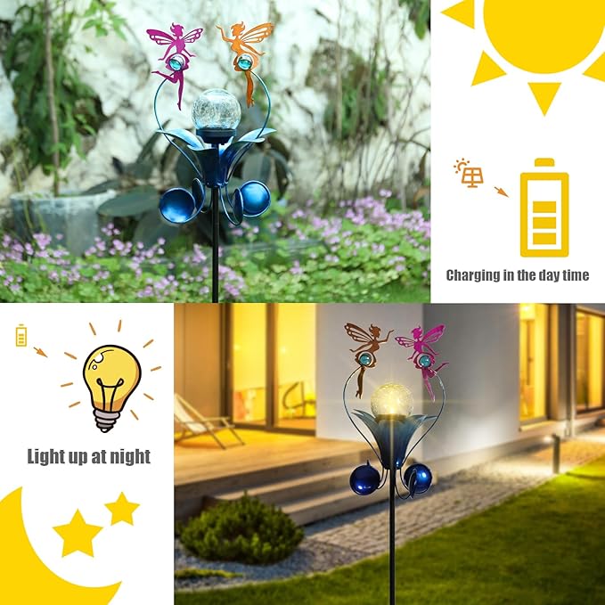 VCUTEKA Solar Lights Outdoor Metal Garden Stake Waterproof Crackle Glass Globe Garden Decor Fairy for Pathway Lawn Patio Yard