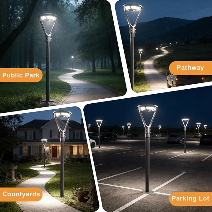 Lightdot Solar LED Post Top Lights Circular Area Light 5000K LED Parking Lot Light with Photocell Outdoor Pole Lights Fixture for Garden Yard Street Lighting - 4 Pack