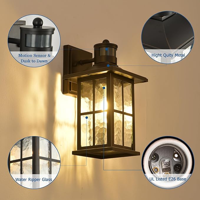 Motion Sensor Porch Light Dusk to Dawn Outdoor Wall Lantern Black Exterior Sconce Lighting Fixtures Modern Outside Wall Mount Coach Lamp for House Garage Patio Front Door