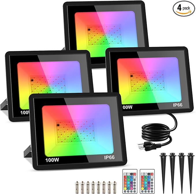 MOSFiATA 4 Pack 100W RGB LED Flood Lights 12000LM Color Changing Smart Floodlight with Remote Waterproof DIY Uplights for PartyGardenHalloween Outdoor Decr