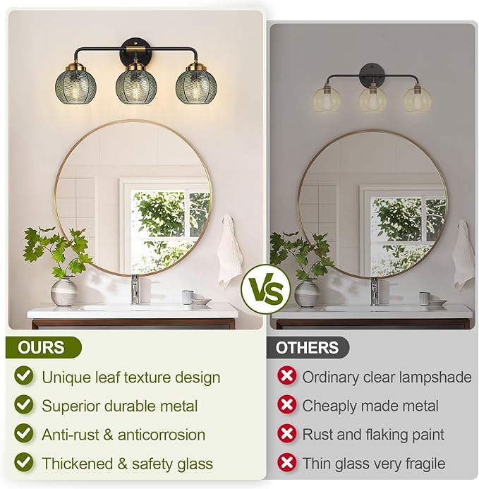 Bathroom Light Fixtures 3-Light Green Vanity Lights with Unique Leaf Texture Glass Shade Modern Matte Black and Gold Bathroom Wall Lamp for Mirror Hallway Cabinet Living Room