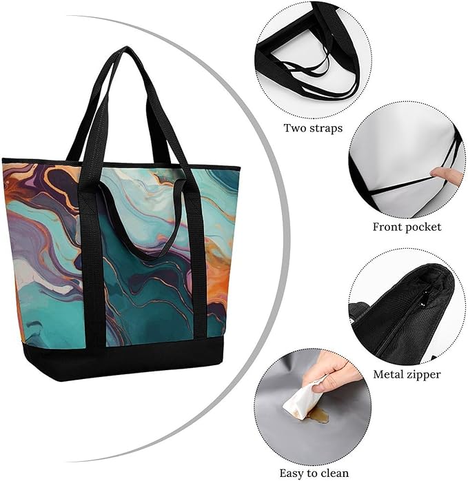 Insulated Shopping BagLarge Reusable Cooler Bags Colourful Marble Printed Foldable Shopping BagTravel Waterproof Shoulder Bag