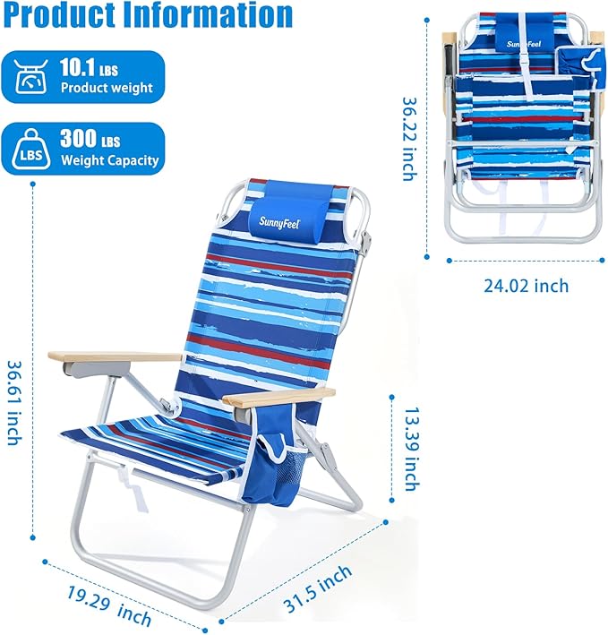 SUNNYFEEL Tall Beach Chair Reclining Beach Chair with 5-Position Portable Camping Chair for Adults with Wood Armrest Lightweight Camping Chair 300 lbs Heavy Duty Blue Stripe 2 Pack