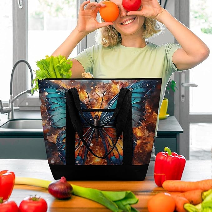 Insulated Shopping BagLarge Reusable Cooler Bags Color Butterfly Background Printed Foldable Shopping BagTravel Waterproof Shoulder Bag