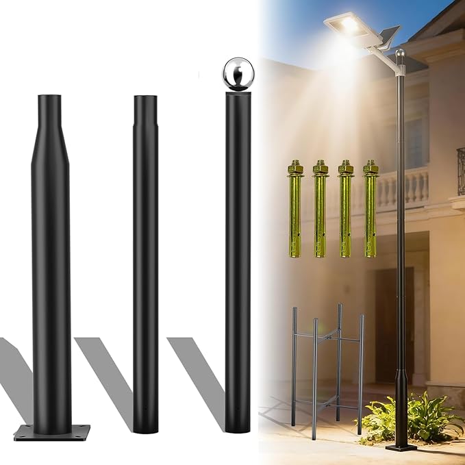 10FT Split Design Street Light Pole Heavy-Duty Steel Outdoor Lamp Post with Sleeve Connection &amp Rebar Cage - Adjustable Rust-Resistant for Driveway Parking Lot Garden Pathway