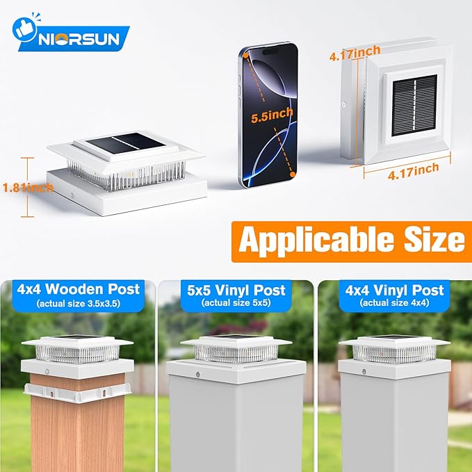 NIORSUN Solar Post Cap Lights Outdoor Waterproof 4x4 Post Solar Lights RGB Color Changing Fence Posts Solars Light for Deck Patio Garden Deco 4x4 Posts Caps Wood Vinyl 5x5 Vinyl 12 Pack (White)