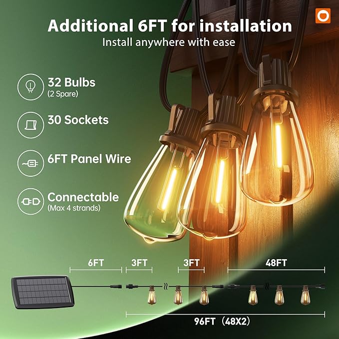 addlon 102FT(96+6) Solar String Lights Outdoor with Remote Waterproof Patio Lights with 30 Shatterproof LED Bulbs 30H+ Long-Lasting Dimmable &amp Timable Solar Light for Backyard Camping Garden Dec