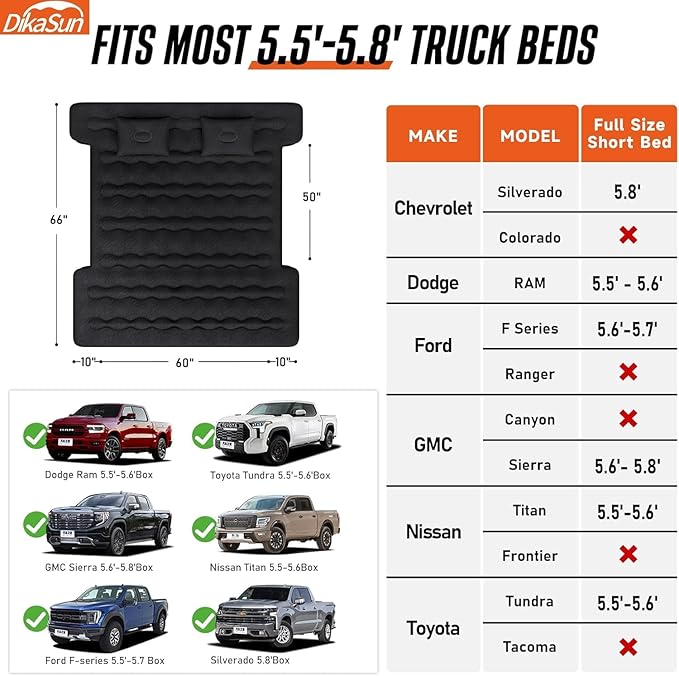 Truck Bed Mattress Truck Bed Air Mattress for 5.5-5.8ft Full Size Short Beds Inflatable Camping Air Mattress Truck Tent Accessories with Pump &amp Carry Bag(A-Black)
