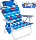 SUNNYFEEL Low Beach Chair 5 Position Lay Flat Portable Folding Backpack Beach Chairs Heavy Duty with Cooler Bag Cup Holder for Outdoor/Lawn/Picnic/Fishing Foldable Camping Chair (New BlueStripe)