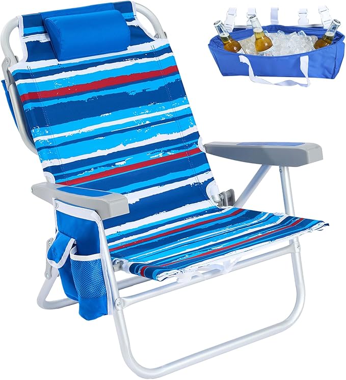 SUNNYFEEL Low Beach Chair 5 Position Lay Flat Portable Folding Backpack Beach Chairs Heavy Duty with Cooler Bag Cup Holder for Outdoor/Lawn/Picnic/Fishing Foldable Camping Chair (New BlueStripe)