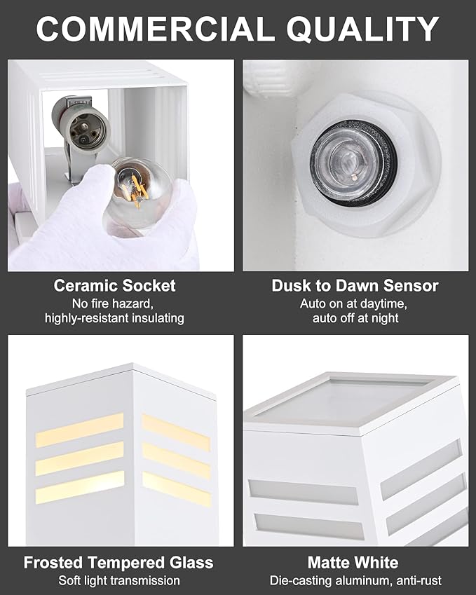 Housen Solutions Dusk to Dawn Outdoor Lighting IP65 Waterproof Exterior Light Fixtures 2 Pack Sensor Porch Light Outdoor Wall Sconce for House Garage Matte White Aluminum