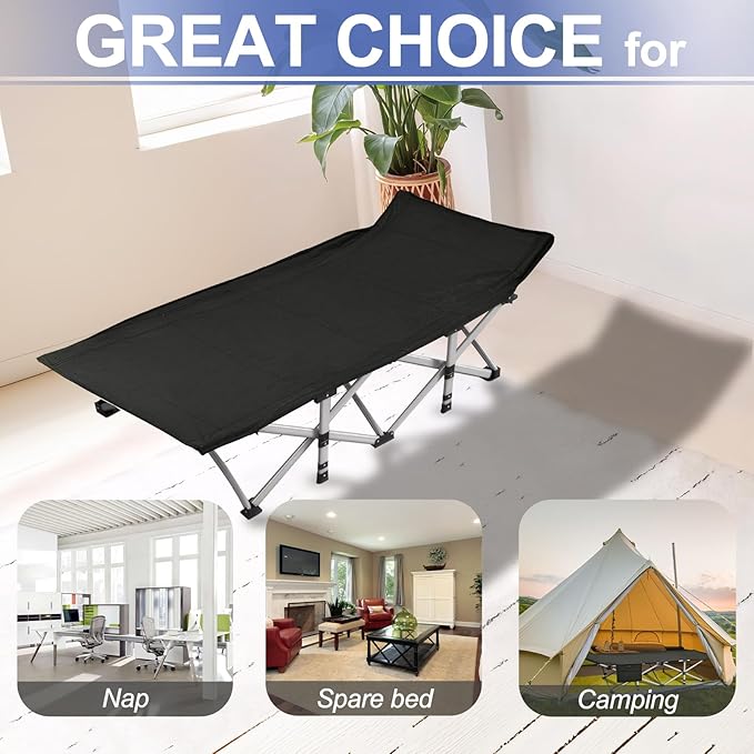 BESTHLS Heated Camping Cot for Adult 600D Oxford Portable Sturdy Sleeping Cot with Carry Bag Portable Cots for for Home Office Nap Beach Travel Black