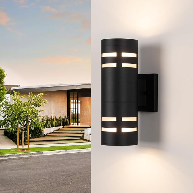 mirrea 12in Modern Outdoor Porch Light Patio Light in 2 Lights with Aluminum Cylinder and Tempered Glass Cover Waterproof Wall Sconce Matte Black 2 Pack