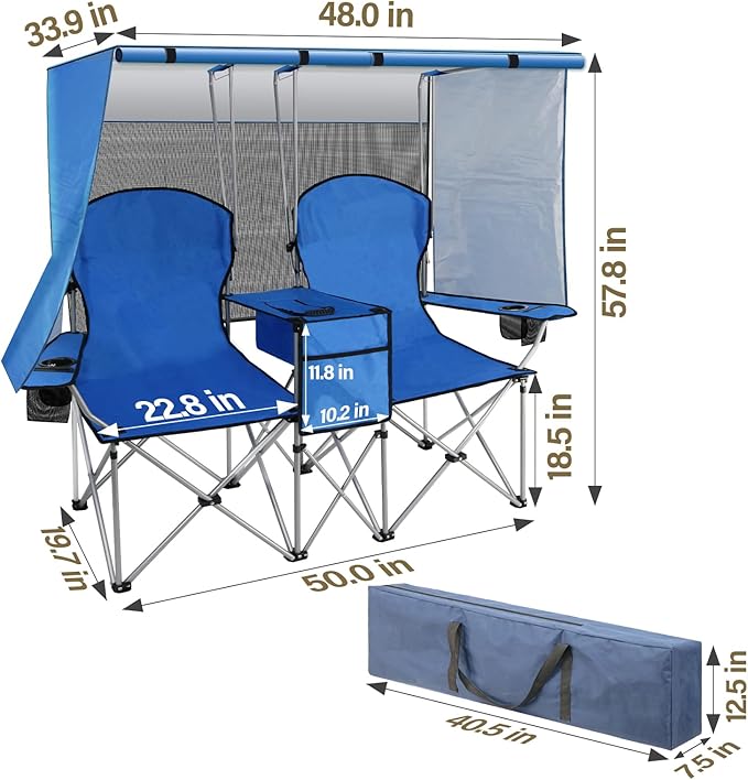 BESTHLS Double Camping Chair with Canopy Shade - Heavy Duty 600D Outdoor Loveseat for Adults 2-Person Beach Chair with Umbrella Folding Camp Loveseat for Fishing Sports Patio (Blue)