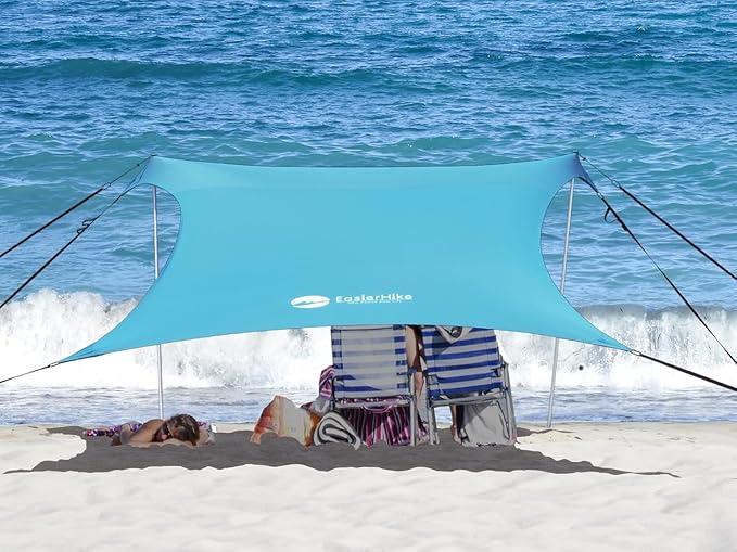 Beach Canopy Windproof Design Sun Shelter UPF50+ Portable Family Tent with 6 Sandbags Anchors 10x10 FT 2 Pole Pop Up Outdoor Shelter for Beach Camping Fishing Backyard