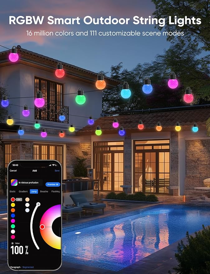APPECK Outdoor String Lights 100ft RGBW Color Changing Patio Lights with 50 Dimmable LED Bulbs 111 Scene Modes IP65 Waterproof Lighting for Outside Party Backyard Pool Compatible with Alexa