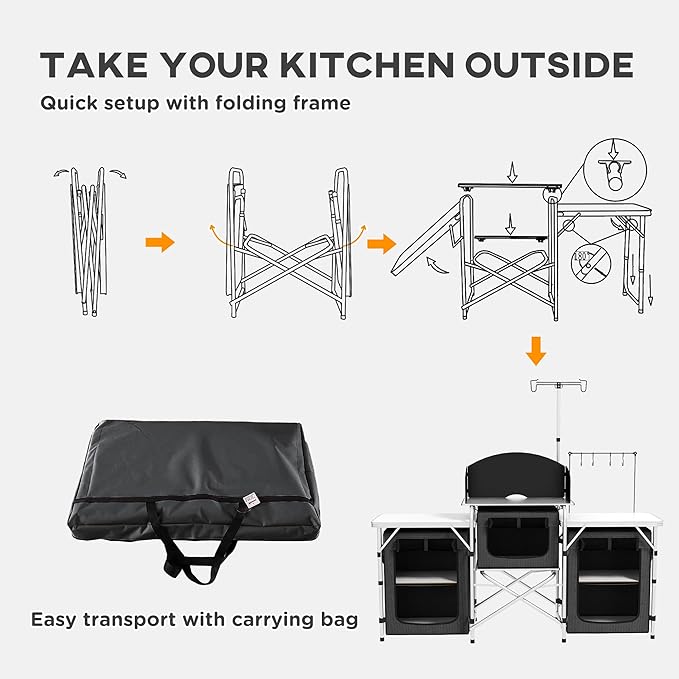 Outsunny Camping Kitchen Table Portable Folding Camp Kitchen Aluminum Cook Station with 3 Fabric Cupboards Windshield Carrying Bag for BBQ RV Picnic Black