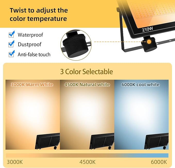 3 Pack 210W Flood Lights Outdoor 3 Color 3000/4500/6000K Selectable Floodlight Outside Light 5Ft Cable with Plug IP66 Waterproof Security Lamps for Court Stadium Garden