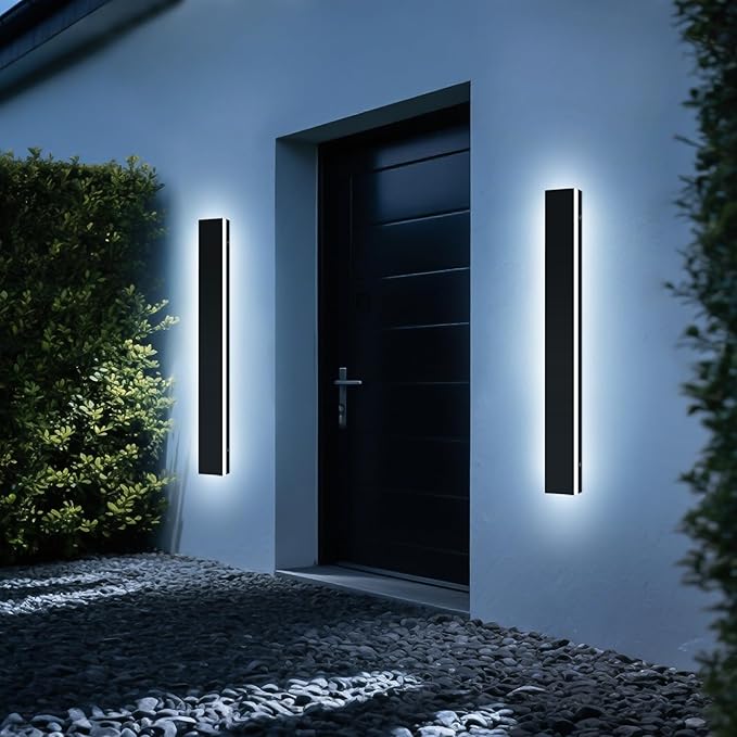 Upgrade Widened 2 Pack Black Outdoor Wall Sconce 47.2inch Dimmable Modern LED Exterior Light Fixture 3000K-6000K IP65 Waterproof Long Wall Mount Lamp for Fence Garden House with Remote Control