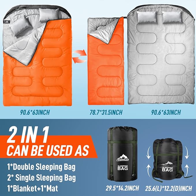 MEREZA Double Sleeping Bag for Adults Mens with Pillow XL Queen Size Two Person Sleeping Bag for All Season Camping Hiking Backpacking 2 Person Sleeping Bags for Cold Weather &amp Warm