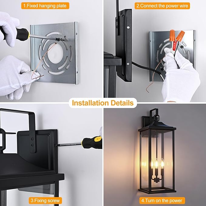 24 2Pack Outdoor Wall Light Fixture 3-Light Candelabra Exterior Wall Sconce E12 Base Clear Glass Modern Matte Black Porch Light IP65 Waterproof Wall Mounted for Front Door Garage &amp House