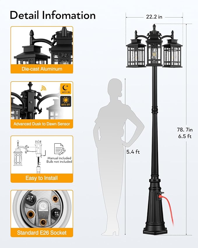 3-Head Outdoor Lamp Post Light with Outlet Black Dusk to Dawn Outdoor Posts Street Lights 100% Aluminum Anti-Rust Waterproof Modern Street Light for Garden House Doorway Weather Resistant