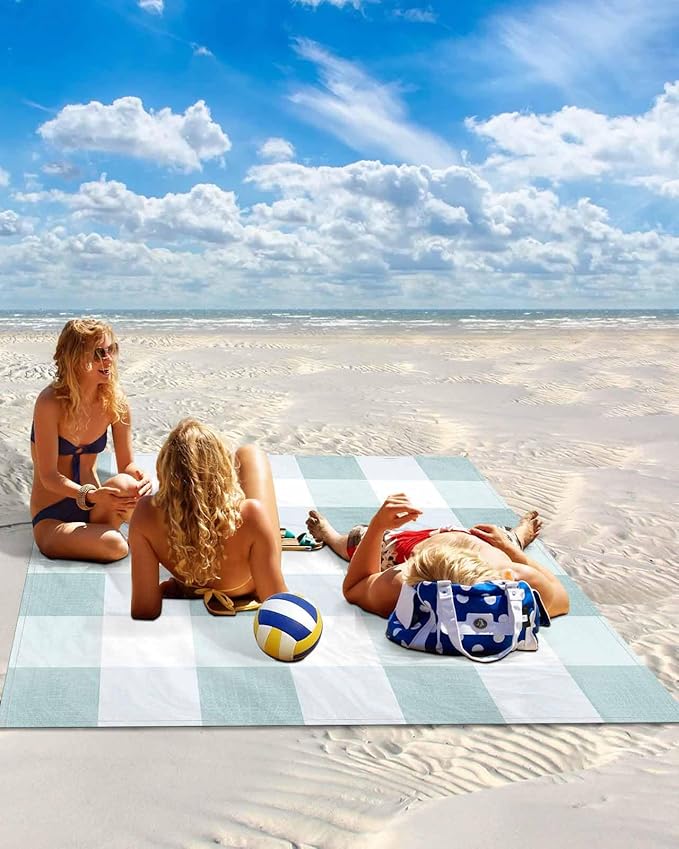 Beach Blanket Waterproof Sandproof Picnic Blanket 108x84 Foldable Beach Mat with Spring Plaid Blue Simple Pattern for Camping Park Grass Beach Travel