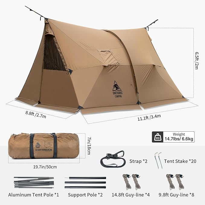 OneTigris ASH Canopy Hammock Hot Tent Spacious Waterproof Windproof 4 Season Tent with Poles for Camping Hiking Bushcrafting Survivalist Car Trips