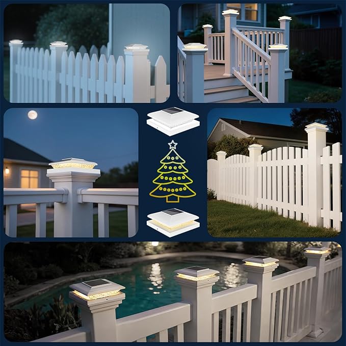 12 Pack 5x5 Fence Post Solar Lights - Outdoor Waterproof White Solar Post Cap Lights for 5.5x5.5 Vinyl Posts for Deck/Yard/Stair Lighting