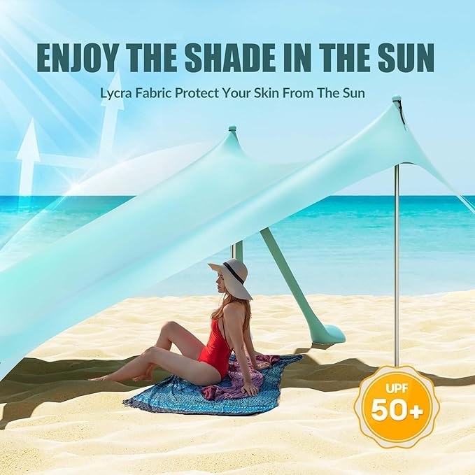 Gardentime Beach Tent Canopy with 8 Sandbags 4 Aluminum Poles Pop Up Portable Camping Sun Shelter Easy Set Up with 2 Sand Shovel Ground Pegs Carrying Bag for Outdoor BeachPicnic Fishing