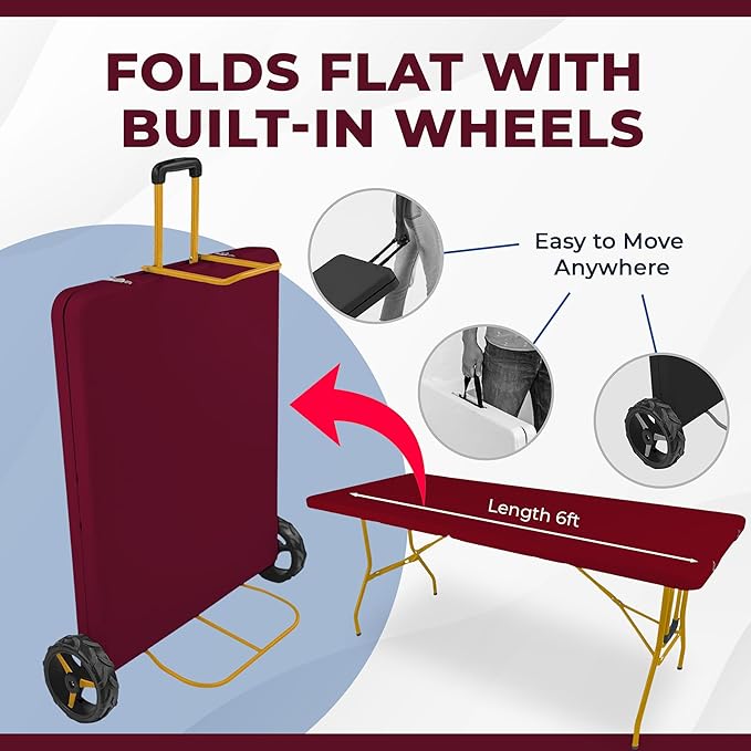 Creative Outdoor Folding Table and Chairs 6 Ft Built-in Wheels Portable Durable Plastic (Dark Red &amp Gold)