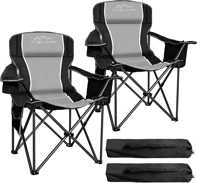 2PCS Folding Camping Chair Portable Outdoor Heavy Duty Padded Chairs Lawn Chair with Cup Holder Storage Pocket and Cooler Bag Supports 480LBS Black