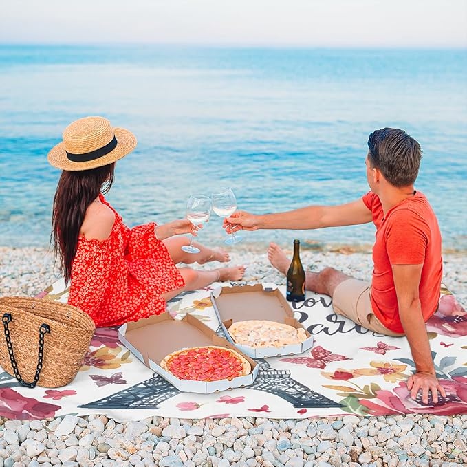 Waterproof Sandproof Beach Blanket 59''×68'' Paris Polyester Outdoor Picnic Blanket with 4 Stakes &amp Storage Bag for BeachCampingVacation White &amp Red