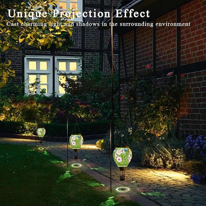 Mosica Hot Air Balloon Solar Lantern Flower Pattern Glass Hanging Solars Lanterns Outdoor Waterproof Decorative Solar Light for Garden Yard Patio Decor