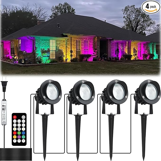 20W Outdoor RGB LED Spotlights 4 Pack 120V 1000lm with Remote &amp Transformer 12 Colors 19 Modes IP65 Waterproof 46.5ft Cord Landscape Lights for Yard Garden Christmas Halloween