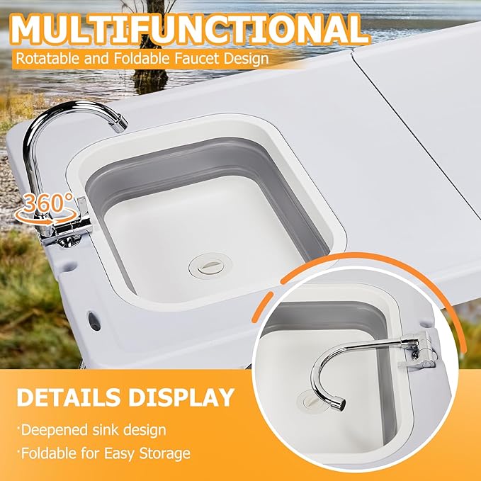Folding Fish Cleaning Table Portable Camping Sink with Faucet Drainage Hose Portable Camping Sink Station with Drain Hose Trash Can Foldable Outdoor Sink for Camping Fishing BBQ