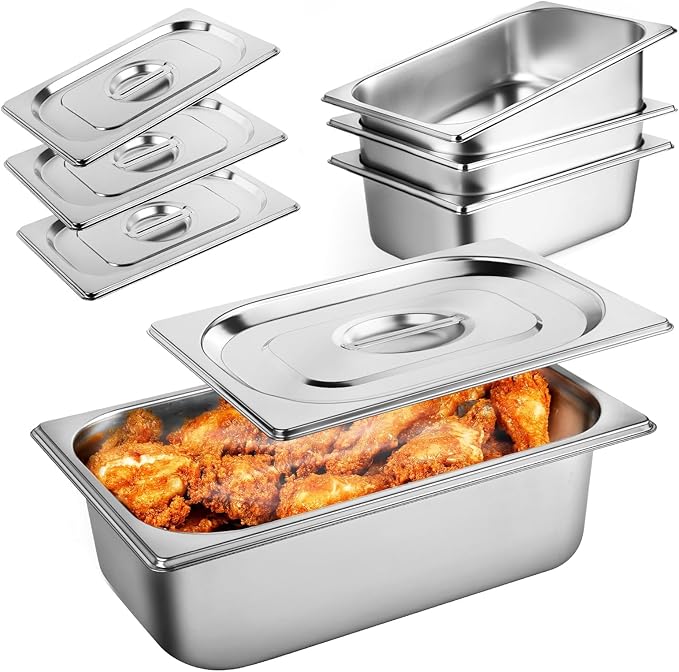 West Bay 4 Pack 1/4 Size Hotel Pan with Lids 4'' Deep Steam Table Pan with Lid 10.2''L x 6.3''W Stainless Steel Pans for Home Party Hotel Buffet