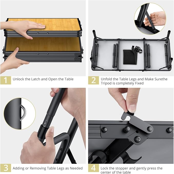 Anbte 3ft Camping Table Foldable with Storage Net and Bag 3 Adjustable Heights High 27.5 Aluminum Camping Table Portable for Outdoor Indoor Backyard BBQ Cooking Party Picnic Beach Light Oak Grain