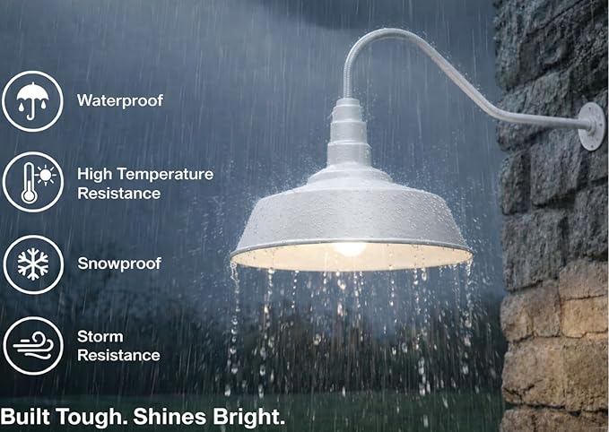 AGB102-AS20-WH Gooseneck Barn Light - White Outdoor Dome with Incandescent Downlight | Wall-Mount Fixture for Patios Gardens Pathways and Large Outdoor Living Spaces