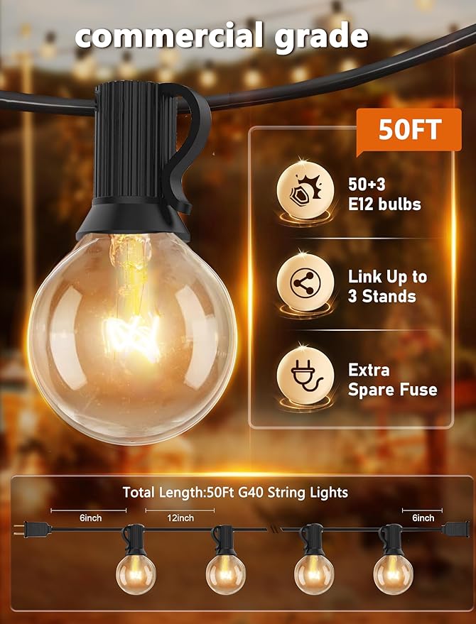 Abeja 50FT G40 Globe String Lights Outdoor Patio String Lights with 53 Edison Globe Bulbs(3 Spare) Hanging Bistro Light Waterproof for Balcony Party Wedding Market Cafe Black